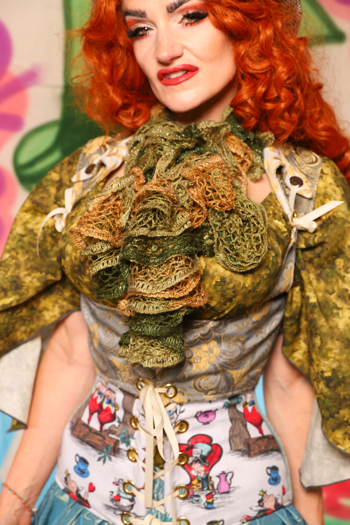 Cropped Dapper Vixen in Pale Blue & Gold Floral Damask - The "Twisted Tea Party" Collection