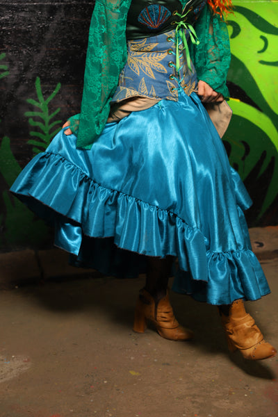 Crescent Skirt w/ruffle in Turquoise Shantung - "Siren's Shanties" Collection