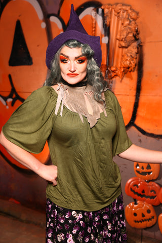 Classic Peasant Blouse w/ Elbow Sleeves in Olive Green Stretch Cotton/Rayon - Pumpkin Guts Collection