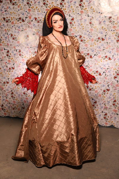 Medieval Gown with Long Red Lace Trim in Carmel Gold Pintuck - The Tudor Tidings Collection