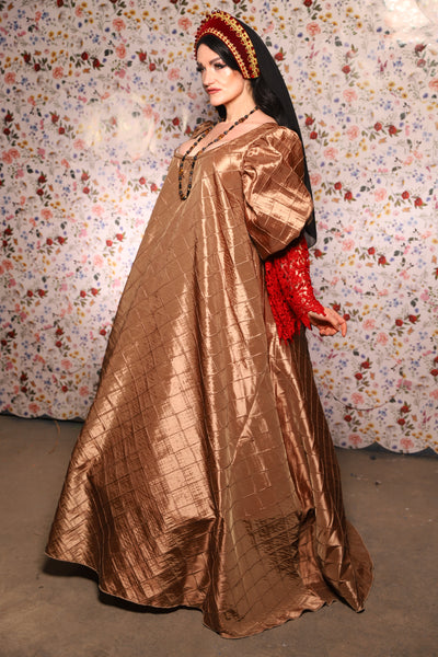 Medieval Gown with Long Red Lace Trim in Carmel Gold Pintuck - The Tudor Tidings Collection