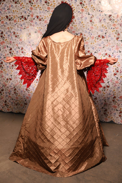 Medieval Gown with Long Red Lace Trim in Carmel Gold Pintuck - The Tudor Tidings Collection