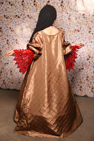 Medieval Gown with Long Red Lace Trim in Carmel Gold Pintuck - The Tudor Tidings Collection