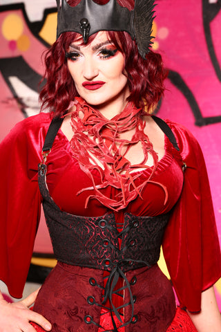 Cropped Fae Corset with Crossfire Straps in Crimson & Black Scroll Medallion -"The Raven & Ruby Collection" - #8