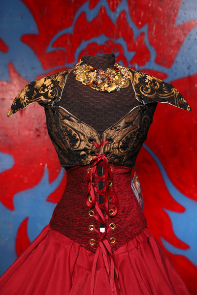 Cropped Elf Over Bust Corset in Black & Gold Medallion - The Checkered Past Collection
