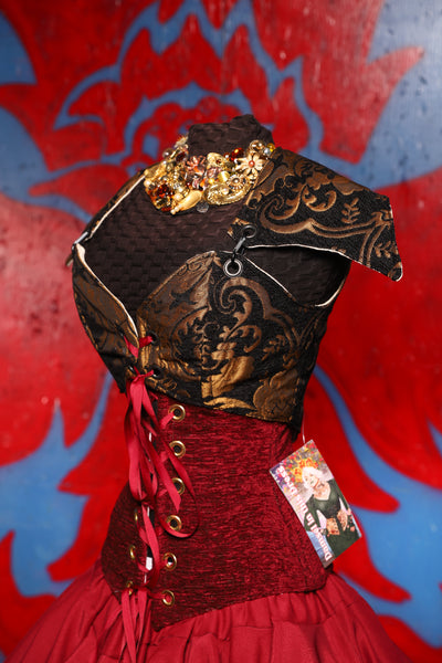 Cropped Elf Over Bust Corset in Black & Gold Medallion - The Checkered Past Collection