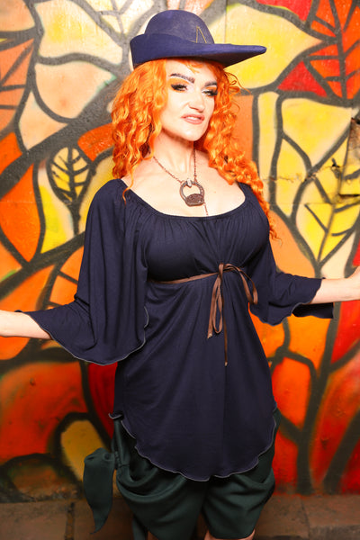 Classic Blouse w/ Leaf Sleeves in Navy Blue Stretch Rayon -"Bowstrings & Bodices Collection"