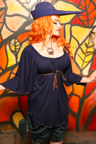 Classic Blouse w/ Leaf Sleeves in Navy Blue Stretch Rayon -"Bowstrings & Bodices Collection"