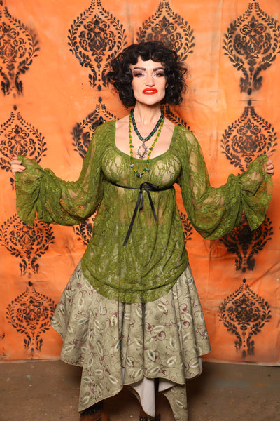 Classic Blouse with Long Sleeves in Olive Green Stretch Lace - Day 8 of 13 Days of Halloween