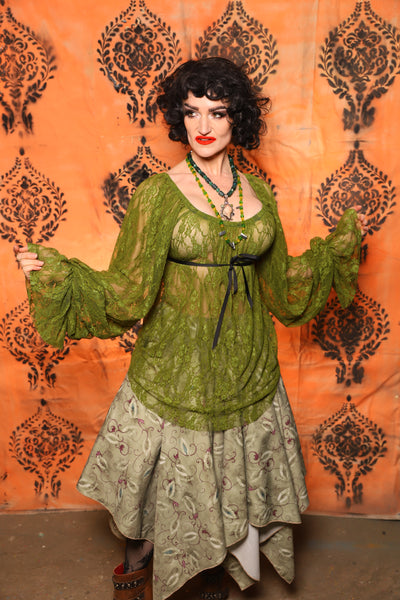 Classic Blouse with Long Sleeves in Olive Green Stretch Lace - Day 8 of 13 Days of Halloween