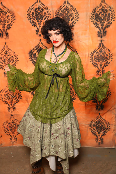 Classic Blouse with Long Sleeves in Olive Green Stretch Lace - Day 8 of 13 Days of Halloween