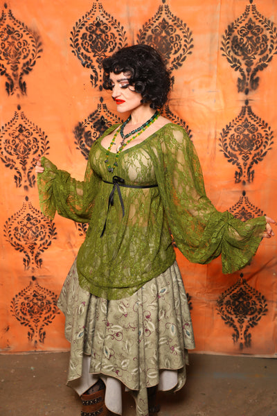 Classic Blouse with Long Sleeves in Olive Green Stretch Lace - Day 8 of 13 Days of Halloween