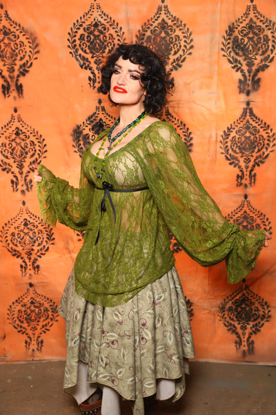Classic Blouse with Long Sleeves in Olive Green Stretch Lace - Day 8 of 13 Days of Halloween