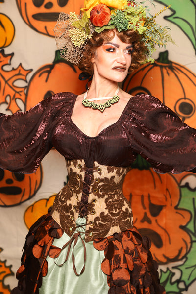 Wench Corset in Brown & Cream Damask Chenille - "The Knotty Wood" Collection