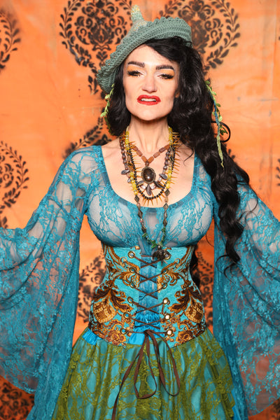 Petite Wench Corset in Turquoise & Gold Medallion - Day 13 of 13 Days of Halloween 2025