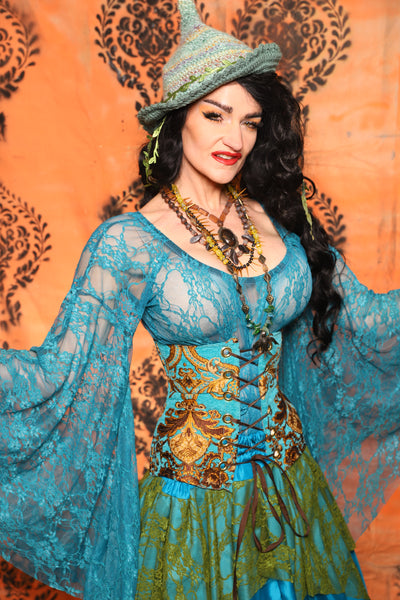 Petite Wench Corset in Turquoise & Gold Medallion - Day 13 of 13 Days of Halloween 2025