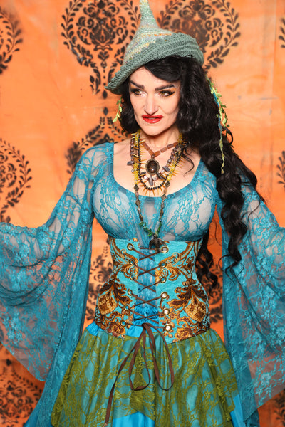 Petite Wench Corset in Turquoise & Gold Medallion - Day 13 of 13 Days of Halloween 2025