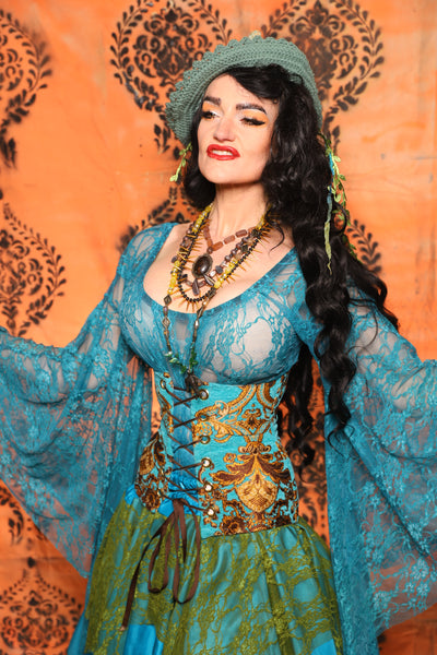 Petite Wench Corset in Turquoise & Gold Medallion - Day 13 of 13 Days of Halloween 2025