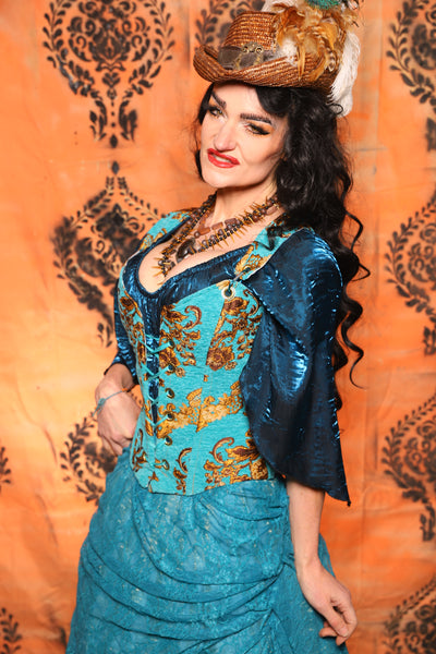 Petite Courtier Corset in Turquoise & Gold Medallion - Day 13 of 13 Days of Halloween 2025