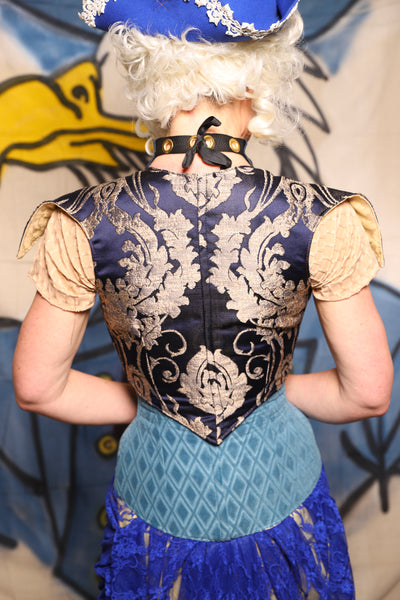 Cropped Elf Over Bust Corset in Navy Pearl Damask  - The Little Miss Firecracker Collection