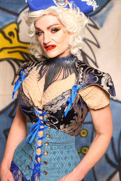 Cropped Elf Over Bust Corset in Navy Pearl Damask  - The Little Miss Firecracker Collection
