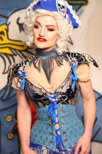 Cropped Elf Over Bust Corset in Navy Pearl Damask  - The Little Miss Firecracker Collection