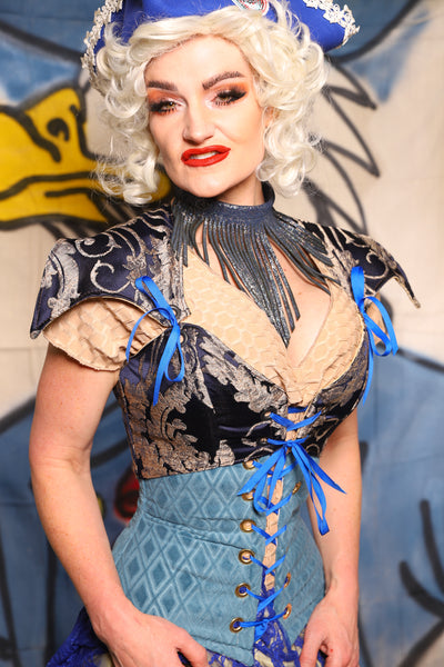 Cropped Elf Over Bust Corset in Navy Pearl Damask  - The Little Miss Firecracker Collection