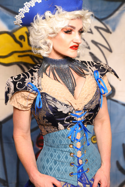 Cropped Elf Over Bust Corset in Navy Pearl Damask  - The Little Miss Firecracker Collection