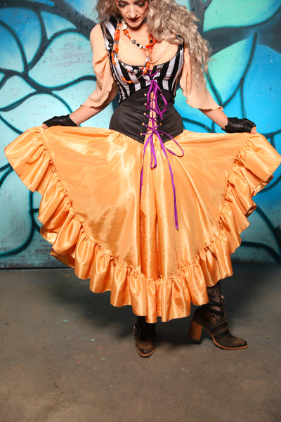 Crescent Skirt w/ Ruffle in Orange Sherbet Shantung - The "Pumpkins, Screams & Corset Dreams" Collection
