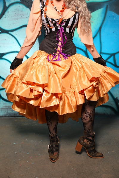 Crescent Skirt w/ Ruffle in Orange Sherbet Shantung - The "Pumpkins, Screams & Corset Dreams" Collection