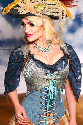 Cropped Marie Bodice in Ella Blue Damask #13 -The "Blue Bayou" Collection