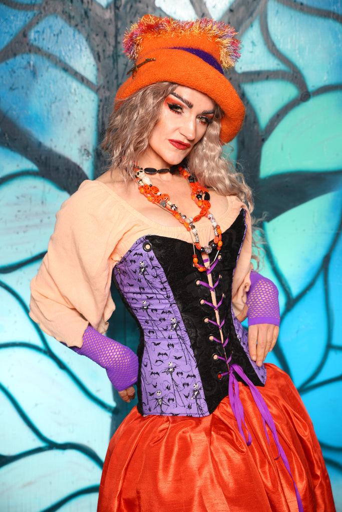 Crossfire Corset in Black Medallion w/Nightmare Before Christmas Purple Panel - The "Pumpkins, Screams & Corset Dreams" Collection