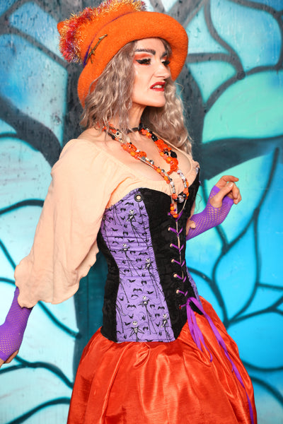 Crossfire Corset in Black Medallion w/Nightmare Before Christmas Purple Panel - The "Pumpkins, Screams & Corset Dreams" Collection