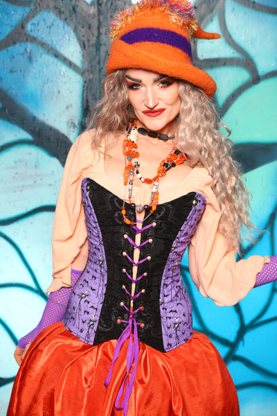 Crossfire Corset in Black Medallion w/Nightmare Before Christmas Purple Panel - The "Pumpkins, Screams & Corset Dreams" Collection