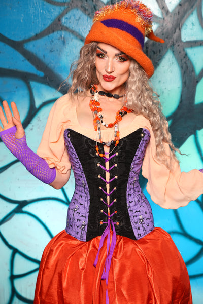 Crossfire Corset in Black Medallion w/Nightmare Before Christmas Purple Panel - The "Pumpkins, Screams & Corset Dreams" Collection