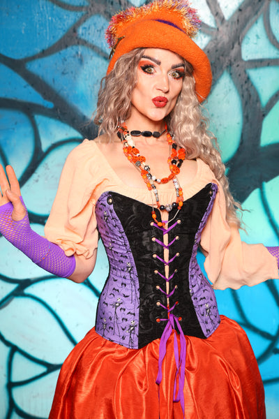 Crossfire Corset in Black Medallion w/Nightmare Before Christmas Purple Panel - The "Pumpkins, Screams & Corset Dreams" Collection