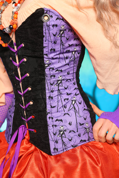 Crossfire Corset in Black Medallion w/Nightmare Before Christmas Purple Panel - The "Pumpkins, Screams & Corset Dreams" Collection