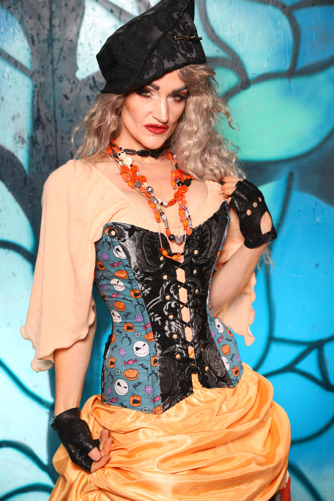 Crossfire Corset in Black & Silver Medallion w/Nightmare Before Christmas Blue Panel - The "Pumpkins, Screams & Corset Dreams" Collection