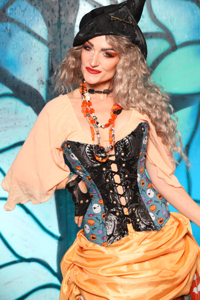 Crossfire Corset in Black & Silver Medallion w/Nightmare Before Christmas Blue Panel - The "Pumpkins, Screams & Corset Dreams" Collection