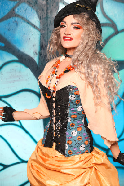 Crossfire Corset in Black & Silver Medallion w/Nightmare Before Christmas Blue Panel - The "Pumpkins, Screams & Corset Dreams" Collection