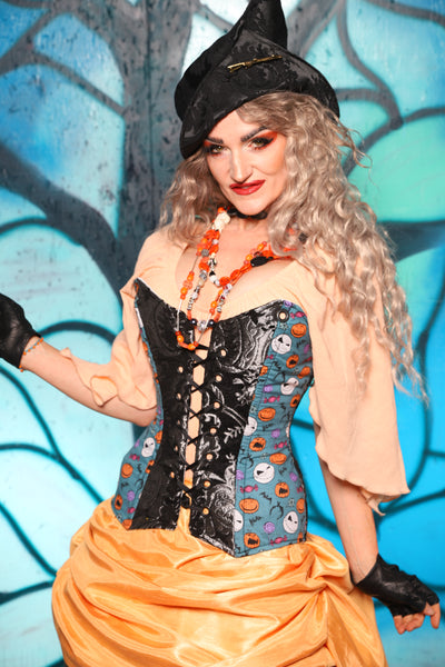 Crossfire Corset in Black & Silver Medallion w/Nightmare Before Christmas Blue Panel - The "Pumpkins, Screams & Corset Dreams" Collection