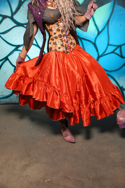 Crescent Skirt w/ Ruffle in Pumpkin Shantung - The "Pumpkins, Screams & Corset Dreams" Collection