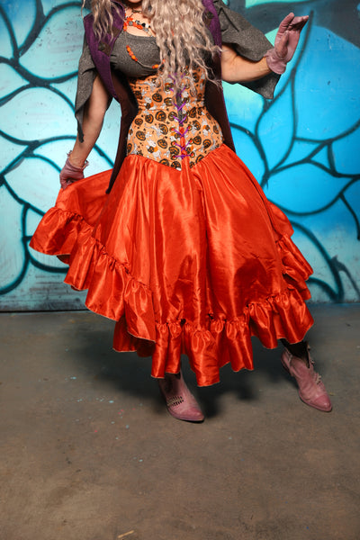 Crescent Skirt w/ Ruffle in Pumpkin Shantung - The "Pumpkins, Screams & Corset Dreams" Collection