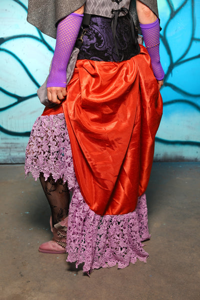 Swoon Skirt w/Lace Trim in Pumpkin Shantung - The "Pumpkins, Screams & Corset Dreams" Collection