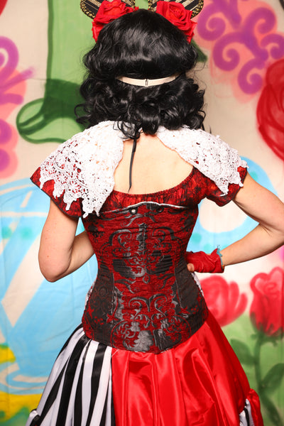 Crossfire Corset in Crimson and Pewter with Alice in Wonderland Panels - The "Twisted Tea Party" Collection