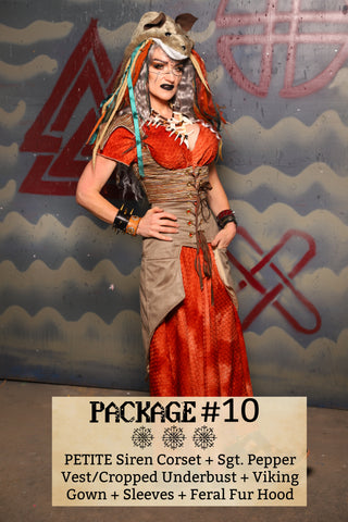 Package #10 Includes: PETITE Siren + Sgt Pepper Vest OR Cropped Underbust + Sleeves + Feral Fur Hood + Viking Dress - Viking Mystery Box Event