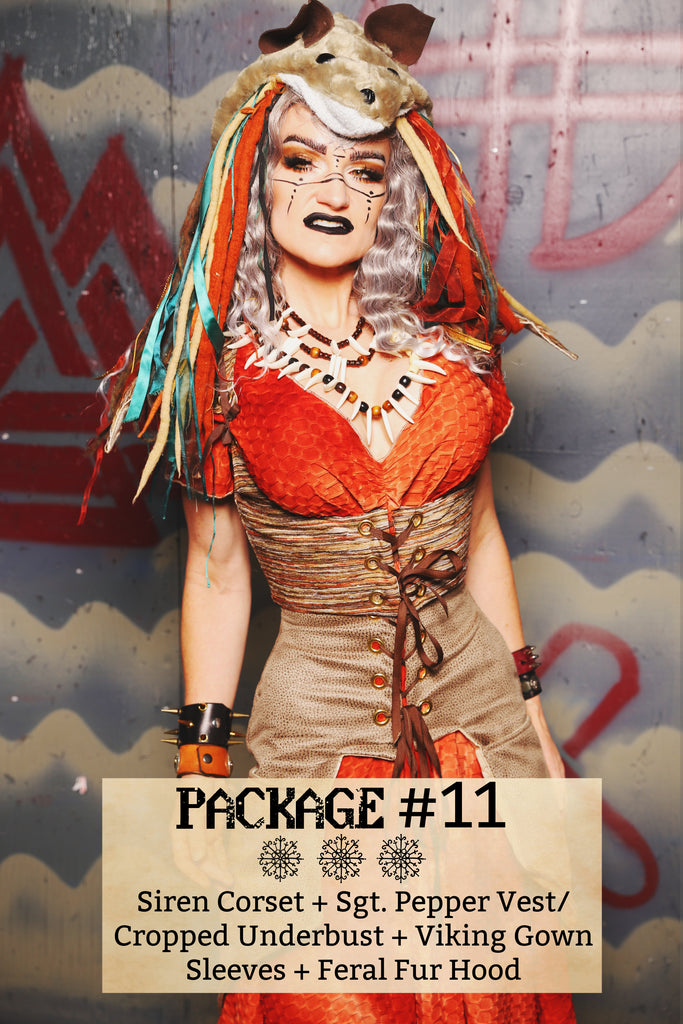Package #11 Includes: Siren + Sgt Pepper Vest OR Cropped Vixen + Sleeves + Feral Fur Hood + Viking Dress - Viking Mystery Box Event