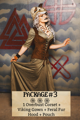 Package #03 Includes: Overbust Corset + Viking Dress + Pouch + Sleeves + Feral Fur Hood - Viking Mystery Box Event