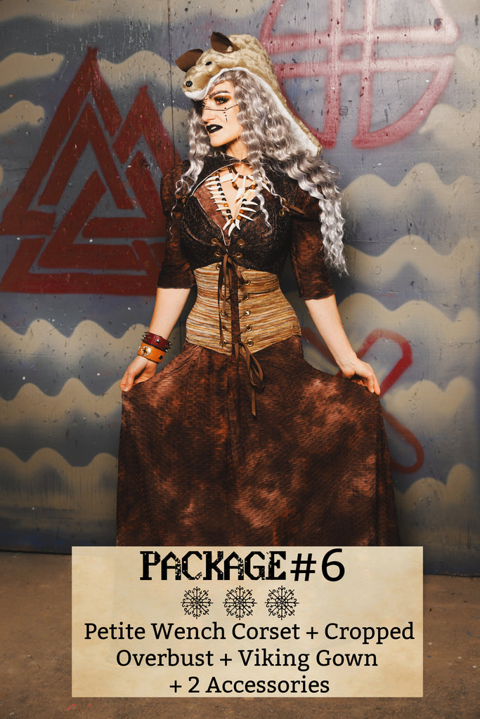 Package #06 Includes: PETITE Wench Corset + Cropped Overbust + Viking Gown + 2 Accessories - Viking Mystery Box Event