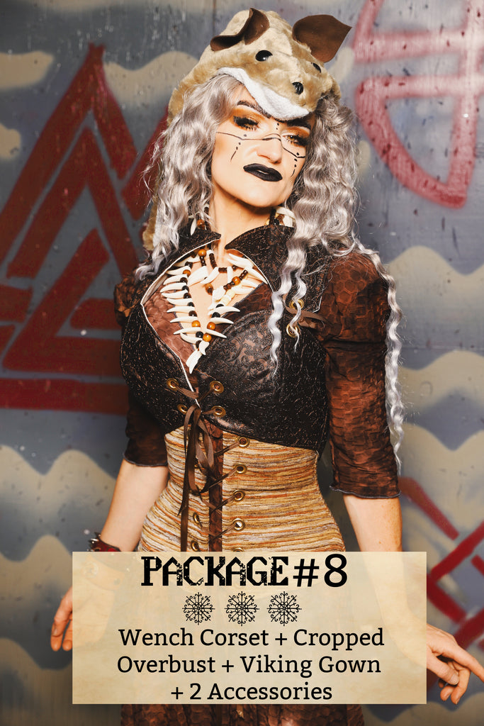 Package #08 Includes: Wench Corset + Cropped Overbust + Viking Gown + 2 Accessories - Viking Mystery Box Event